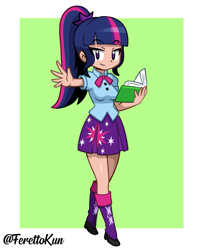 Size: 1000x1250 | Tagged: safe, artist:ferettokun, derpibooru import, editor:michaelsety, twilight sparkle, twilight sparkle (alicorn), alicorn, equestria girls, equestria girls series, alternate hairstyle, book, female, human coloration, i can't believe it's not sci-twi, looking at you, ponytail, solo