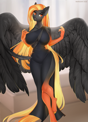 Size: 935x1300 | Tagged: safe, artist:margony, derpibooru import, oc, oc only, anthro, pegasus, unguligrade anthro, big breasts, breasts, clothes, curvy, dress, female, hourglass figure, large wings, looking at you, pegasus oc, solo, wings