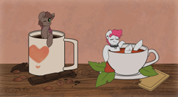 Size: 2654x1458 | Tagged: safe, artist:klooda, derpibooru import, oc, oc only, oc:noble brew, oc:rose red, pony, chocolate, coffee, coffee mug, colt, commission, cookie, cup, cup of pony, cute, digital art, eyes closed, female, food, frog (hoof), heart, leaves, looking at you, male, mare, micro, mug, one eye closed, smiley face, smiling, smiling at you, stallion, strawberry, swimming, table, tea, teacup, underhoof, wink, ych result