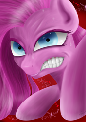 Size: 2508x3541 | Tagged: safe, artist:flaxen's art corner, derpibooru import, pinkie pie, earth pony, pony, angry, crazy face, faic, looking at you, pinkamena diane pie, sweat, sweatdrop