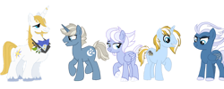 Size: 1280x512 | Tagged: safe, artist:russmindjk, derpibooru import, night glider, prince blueblood, oc, oc:moonbeam, oc:permafrost, oc:steele blue, pegasus, unicorn, base used, beard, crack ship offspring, crack shipping, facial hair, family, horn, horn ring, offspring, parent:night glider, parent:prince blueblood, ring, shipping, simple background, transparent background