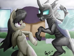 Size: 1600x1200 | Tagged: safe, artist:raphaeldavid, octavia melody, changeling, earth pony, pony, badass, detailed background, fangs, female, fight, looking at each other, mare, once upon a time in canterlot, scene interpretation, signature, unshorn fetlocks