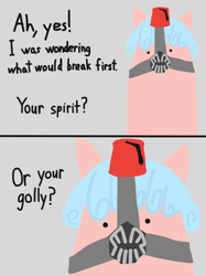 Size: 1535x2048 | Tagged: safe, artist:2merr, cozy glow, pegasus, pony, /mlp/, 2 panel comic, 4chan, bane, bane mask, baneposting, comic, dialogue, dot eyes, drawn on phone, drawthread, female, fez, golly, gray background, hat, looking at you, movie quote, quote, simple background, solo, stylistic suck, talking to viewer, the dark knight rises