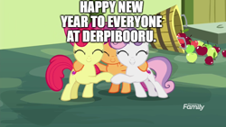 Size: 800x450 | Tagged: safe, derpibooru import, edit, edited screencap, editor:lord you know who, screencap, apple bloom, scootaloo, sweetie belle, pony, apple, bucket, caption, cutie mark crusaders, discovery family logo, food, happy new year, heartwarming, holiday, hug, positive ponies, text