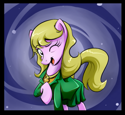 Size: 687x632 | Tagged: safe, artist:wigmania, derpibooru import, earth pony, looking at you, one eye closed, patty larcene, solo, wink, winking at you