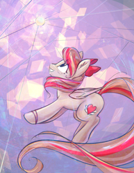 Size: 2235x2900 | Tagged: safe, artist:mirroredsea, derpibooru import, angel wings, pegasus, pony, top bolt, abstract background, bow, bracelet, cute, eye clipping through hair, female, hair bow, jewelry, looking up, mare, side view, smiling, solo