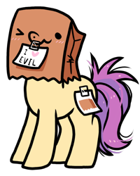 Size: 800x1000 | Tagged: safe, artist:paperbagpony, derpibooru import, oc, oc:paper bag, earth pony, 2021 community collab, cute, derpibooru community collaboration, face on a bag, fake cutie mark, female, ocbetes, one eye closed, paper bag, post-it, pure unfiltered evil, simple background, tape, transparent background, wink, winking at you