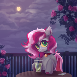 Size: 1280x1280 | Tagged: safe, artist:laymy, derpibooru import, oc, oc only, bat pony, pony, bat pony oc, bat wings, bell, bell collar, collar, drinking, drinking straw, flower, moon, night, rose, sky, solo, table, wings