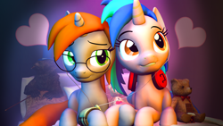 Size: 3265x1837 | Tagged: safe, artist:drdicksamazingstick, derpibooru import, oc, oc only, oc:homage, oc:littlepip, pony, unicorn, fallout equestria, 3d, absurd resolution, bed, chocolate, dreamy expression, earbuds, fallout, fanfic, fanfic art, female, food, glasses, grin, headphones, heart, high res, holding hooves, hooves, horn, lesbian, mare, pillow, pipbuck, pipmage, shipping, smiling, source filmmaker, teddy bear