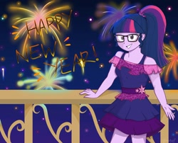 Size: 1792x1447 | Tagged: safe, artist:nutsfify, derpibooru import, sci-twi, twilight sparkle, equestria girls, balcony, clothes, dress, female, fireworks, glasses, grin, happy new year, holiday, new year, ponytail, smiling, solo