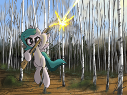 Size: 4000x3000 | Tagged: safe, artist:flaremoon, derpibooru import, oc, oc:hazy breeze, pegasus, pony, birch, female, flying, forest, forest background, gun, high res, hunting, hunting rifle, mare, muzzle flash, rifle, shooting, solo, weapon, woodlands