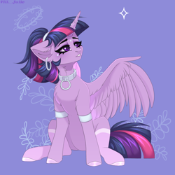 Size: 2000x2000 | Tagged: safe, artist:villjulie, derpibooru import, twilight sparkle, twilight sparkle (alicorn), alicorn, pony, alternate hairstyle, armband, chest fluff, collar, collar ring, ear fluff, ear piercing, earring, ears, female, hair tie, hooped earrings, horn, horn jewelry, jewelry, looking to side, mare, metal collar, multicolored mane, multicolored tail, neck fluff, piercing, ponytail, purple eyes, signature, silver collar, sitting, solo, spread wings, teeth, wings