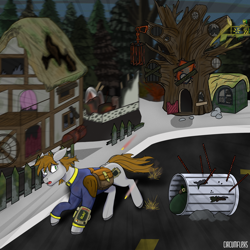 Size: 2400x2400 | Tagged: safe, artist:circumflexs, derpibooru import, oc, oc only, oc:littlepip, earth pony, pony, unicorn, fallout equestria, bag, clothes, ears, fanfic, fanfic art, female, floppy ears, golden oaks library, gun, hooves, horn, mare, open mouth, pipbuck, ponyville, raider, rifle, ruins, running, running away, saddle bag, shooting, sniper, sniper rifle, solo focus, trash can, vault suit, weapon