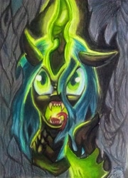 Size: 2877x3993 | Tagged: safe, artist:esdras, derpibooru import, queen chrysalis, changeling, changeling queen, angry, evil, fangs, female, forked tongue, magic, paper, solo, tongue out, traditional art
