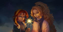 Size: 1500x768 | Tagged: safe, artist:stummm, derpibooru import, adagio dazzle, sunset shimmer, equestria girls, :o, clothes, female, happy new year, holiday, jacket, lesbian, night, open mouth, scarf, shipping, smiling, sunsagio, sweater, winter