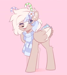 Size: 2556x2849 | Tagged: safe, artist:_stellarsleep, derpibooru import, oc, oc only, deer, hybrid, pegasus, pony, candy, candy cane, clothes, flower, flower in hair, food, looking at you, one eye closed, scarf, smiling, wink