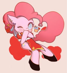 Size: 1000x1086 | Tagged: safe, artist:dengdengbobo, derpibooru import, pinkie pie, earth pony, pony, clothes, ear piercing, earring, food, jewelry, one eye closed, piercing, shoes