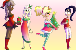 Size: 2796x1843 | Tagged: safe, artist:ch0c0butt, derpibooru import, inky rose, lily lace, moonlight raven, sunshine smiles, bat, human, alternate hairstyle, antlers, belt, blushing, boot, boots, bra, bra strap, bracelet, choker, christmas, christmas sweater, christmas tree, clothes, commission, dark skin, dress, ear piercing, earring, eyes closed, eyeshadow, fake ears, female, gloves, grin, group, hat, high heel boots, high heels, holiday, holly, holly mistaken for mistletoe, humanized, jewelry, makeup, nail polish, necklace, open mouth, pants, piercing, present, red nose, red nosed, reindeer antlers, santa hat, shoes, siblings, sisters, smiling, socks, spiked choker, stocking feet, striped socks, sweater, tree, underwear