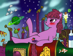 Size: 1656x1265 | Tagged: safe, artist:assertiveshypony, derpibooru import, berry punch, berryshine, earth pony, fish, pony, alcohol, among us, barrel, bottle, champagne, cheese, cloud, coconut drink, corkscrew, crackers, crystal, cutie mark, day, day and night, detailed background, digital art, drawing, dream, drunk, emerald, female, food, goblet, goldfish, grape, lying on bottle, mare, night, olive, paper plane, pizza, planet, raised hoof, raised leg, rum, sea of wine, smiling, solo, stars, tan astronaut (among us), this will end in hangover, vodka, wine, wine bottle
