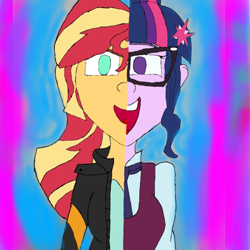 Size: 768x768 | Tagged: safe, derpibooru import, sci-twi, sunset shimmer, twilight sparkle, equestria girls, friendship games, art, digital, duet, glasses, song, what more is out there