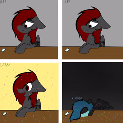 Size: 3464x3464 | Tagged: safe, artist:dicemarensfw, derpibooru import, oc, oc:dicemare, pegasus, pony, black and blue hair, black and red hair, bright room, color change, comic, confetti, crying, dark room, depressed, depression, digital, ears, female, floppy ears, happy, happy new year, happy new years, holiday, light room, mare, new years eve, sad, sadness, smiling, solo