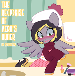 Size: 900x919 | Tagged: safe, artist:senseidezzy, ponerpics import, oc, oc only, oc:aero, pegasus, pony, comic:aero's boner, aero replies, belt, blushing, clothes, colt, crossdressing, deleted from derpibooru, dress, erection, hat, hoof polish, lipstick, male, offspring, parent:derpy hooves, parent:oc:warden, parents:canon x oc, parents:warderp, skirt, solo, title card, towel, trap, tumblr