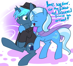 Size: 1105x1003 | Tagged: safe, artist:senseidezzy, ponerpics import, trixie, oc, pony, unicorn, canon x oc, cape, clothes, deleted from derpibooru, female, hat, jacket, mare, shipping, trixie's cape