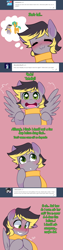 Size: 1280x5120 | Tagged: safe, artist:senseidezzy, ponerpics import, snails, oc, oc only, oc:aero, pegasus, pony, comic:when aero met glitter, :3, aero replies, aeroshell, ask, blushing, canon x oc, clothes, colt, comic, cute, deleted from derpibooru, glitter shell, male, nervous, offspring, parent:derpy hooves, parent:oc:warden, parents:canon x oc, parents:warderp, red background, scarf, shipping, simple background, solo, tall, tapping, thought bubble, trap, tumblr, wings