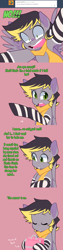 Size: 1280x5120 | Tagged: safe, artist:senseidezzy, ponerpics import, oc, oc only, oc:aero, pegasus, pony, comic:when aero met glitter, aero replies, ask, box, clothes, colt, comic, crossdressing, cute, deleted from derpibooru, makeup, male, no, offspring, parent:derpy hooves, parent:oc:warden, parents:canon x oc, parents:warderp, red background, scarf, simple background, socks, solo, striped socks, trap, tumblr