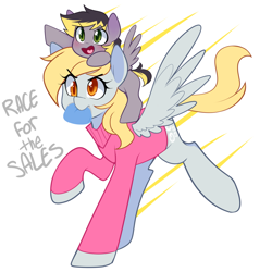Size: 1280x1280 | Tagged: safe, artist:senseidezzy, ponerpics import, derpy hooves, oc, oc:aero, pegasus, pony, aero replies, black friday, clothes, colt, cute, deleted from derpibooru, duo, female, male, mare, mother and child, mother and son, mouth hold, offspring, parent and child, parent:derpy hooves, parent:oc:warden, parents:canon x oc, parents:warderp, ponies riding ponies, pony hat, purse, scarf, simple background, sweater, white background