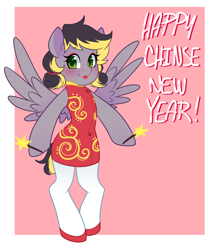 Size: 1280x1478 | Tagged: safe, artist:senseidezzy, ponerpics import, oc, oc only, oc:aero, pegasus, pony, aero replies, bipedal, cheongsam, chinese new year, clothes, colt, crossdressing, deleted from derpibooru, eyeshadow, fireworks, lipstick, makeup, male, misspelling, offspring, pantyhose, parent:derpy hooves, parent:oc:warden, parents:canon x oc, parents:warderp, shoes, simple background, solo, sparkler (firework)