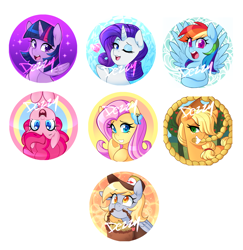 Size: 3240x3328 | Tagged: safe, artist:senseidezzy, ponerpics import, applejack, derpy hooves, fluttershy, pinkie pie, rainbow dash, rarity, twilight sparkle, twilight sparkle (alicorn), alicorn, earth pony, pegasus, pony, unicorn, cute, deleted from derpibooru, food, hair over one eye, heart, heart hoof, lasso, mane six, mouth hold, muffin, one eye closed, rope, simple background, upside down, white background, wink