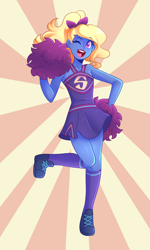 Size: 2400x4000 | Tagged: safe, artist:senseidezzy, ponerpics import, oc, oc:azure/sapphire, equestria girls, cheerleader, cheerleader outfit, clothes, crossdressing, crystal prep academy, crystal prep shadowbolts, deleted from derpibooru, femboy, male, pom pom, shadowbolts, shoes, sneakers, solo, sunburst background