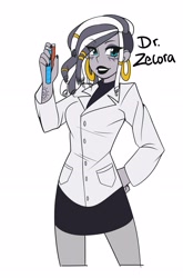 Size: 2200x3324 | Tagged: safe, artist:senseidezzy, ponerpics import, zecora, equestria girls, alternate hairstyle, deleted from derpibooru, doctor, dreadlocks, ear piercing, earring, equestria girls-ified, female, jewelry, piercing, scientist, simple background, smiling, solo, vial, white background, zecora appreciation week