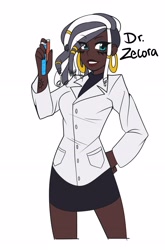 Size: 2200x3324 | Tagged: safe, alternate version, artist:senseidezzy, ponerpics import, zecora, human, equestria girls, alternate hairstyle, dark skin, deleted from derpibooru, doctor, dreadlocks, ear piercing, earring, equestria girls-ified, female, human coloration, humanized, jewelry, piercing, scientist, simple background, smiling, solo, vial, white background, zecora appreciation week