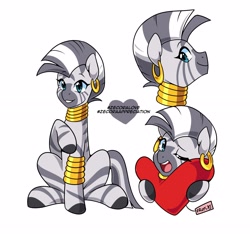 Size: 2924x2740 | Tagged: safe, artist:senseidezzy, ponerpics import, zecora, zebra, bracelet, deleted from derpibooru, ear piercing, earring, female, heart, implied applecora, implied applejack, implied lesbian, implied shipping, jewelry, neck rings, one eye closed, open mouth, piercing, present, quadrupedal, simple background, sitting, smiling, solo, white background, zecora appreciation week