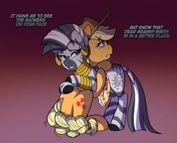 Size: 2888x2344 | Tagged: safe, artist:senseidezzy, ponerpics import, applejack, zecora, earth pony, pony, zebra, the last problem, applejack's hat, bracelet, comforting, cowboy hat, crying, deleted from derpibooru, ear piercing, earring, female, freckles, hat, hug, implied death, implied granny smith, jewelry, mare, neck rings, older, piercing, quadrupedal, sitting, stetson, zecora appreciation week