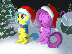 Size: 1549x1153 | Tagged: safe, artist:brisineo, oc, oc:high flyer, oc:soft whisper, pegasus, pony, caroling, christmas, christmas tree, cup, eyes closed, female, hot chocolate, laughing, mare, music notes, open mouth, sitting, snow