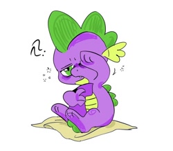 Size: 640x558 | Tagged: safe, artist:b0uncy-ball, derpibooru import, spike, dragon, blanket, cute, hug, male, open mouth, question mark, simple background, sitting, sleepy, solo, spikabetes, tail hug, white background