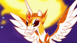 Size: 1334x750 | Tagged: safe, derpibooru import, screencap, daybreaker, alicorn, pony, a royal problem, armor, face of evil, female, mane of fire, mare, scary face, solo