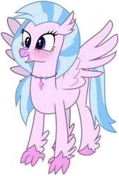 Size: 637x939 | Tagged: safe, artist:byteslice, derpibooru import, silverstream, classical hippogriff, hippogriff, .svg available, blushing, female, simple background, smiling, spread wings, standing, svg, transparent background, vector, wings