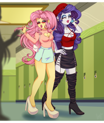 Size: 3800x4500 | Tagged: safe, artist:lucy-tan, derpibooru import, fluttershy, rarity, equestria girls, alternate hairstyle, bedroom eyes, beret, bimbo, boob window, boots, bracelet, brat, breasts, clothes, commission, eyeshadow, female, flarity, handbag, hat, high heel boots, high heels, jewelry, lesbian, lipstick, locker, makeup, necklace, one eye closed, phone, shipping, shoes, skirt, sunglasses, tanktop, wink