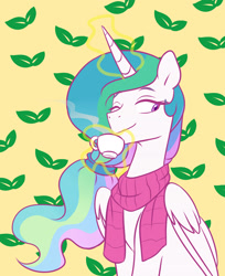 Size: 2448x2999 | Tagged: safe, artist:chub-wub, derpibooru import, princess celestia, alicorn, pony, alternate hairstyle, clothes, cup, cute, cutelestia, female, food, hair tie, leaves, magic, mare, one eye closed, scarf, solo, tea, teacup, telekinesis, wink