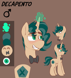 Size: 3076x3376 | Tagged: safe, artist:anon_1515, derpibooru import, oc, oc only, oc:decapento, pony, unicorn, blushing, bowtie, brown background, clenched teeth, colored, colored pupils, cutie mark, eyebrows visible through hair, flat colors, freckles, glowing horn, grin, high res, horn, magic, male, male symbol, raised eyebrows, reference sheet, simple background, smiling, solo, stallion