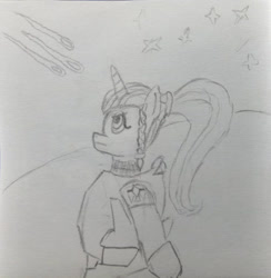 Size: 1280x1309 | Tagged: safe, artist:hofdawn, derpibooru import, oc, oc only, unicorn, armor, beginner artist, doodle, female, mare, ponytail, solo, stars, traditional art