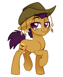 Size: 1605x1947 | Tagged: safe, artist:sickly-sour, derpibooru import, edit, editor:ciaran, oc, oc only, oc:vegemite, earth pony, pony, 2021 community collab, australia, bruce, colored, colored pupils, cork hat, cutie mark, derpibooru community collaboration, earth pony oc, freckles, hat, male, simple background, smug, stallion, transparent background, two toned mane, vegemite