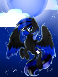 Size: 2100x2800 | Tagged: safe, artist:juliet-gwolf18, derpibooru import, oc, oc:bluemoon, pegasus, blue moon, cloud, flying, looking at you, night, night sky, pegasus oc, sky, wings