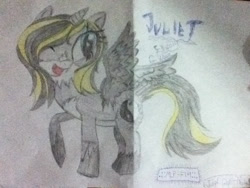 Size: 960x720 | Tagged: safe, artist:juliet-gwolf18, derpibooru import, oc, oc only, alicorn, pony, alicorn oc, female, horn, mare, one eye closed, raised hoof, smiling, solo, traditional art, wings, wink