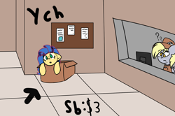 Size: 1262x836 | Tagged: safe, artist:inky scroll, derpibooru import, derpy hooves, oc, oc:milky way, earth pony, pegasus, pony, box, commission, cute, mailmare, pony in a box, post office, your character here