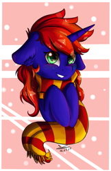 Size: 1017x1574 | Tagged: safe, artist:yuris, derpibooru import, oc, oc only, oc:helga, pony, unicorn, clothes, cute, gryffindor, gryffindor scarf, harry potter, scarf, solo